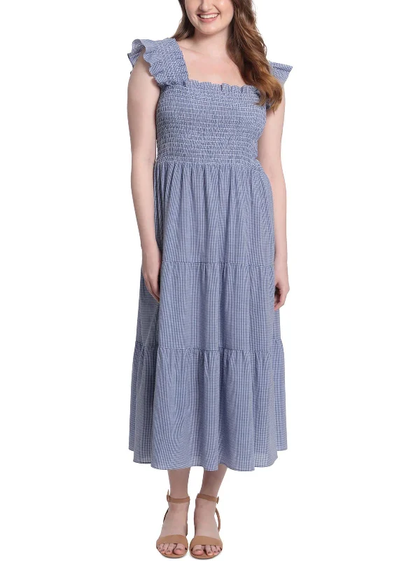 V-neckline midi dress-Petites Womens Gingham Long Midi Dress