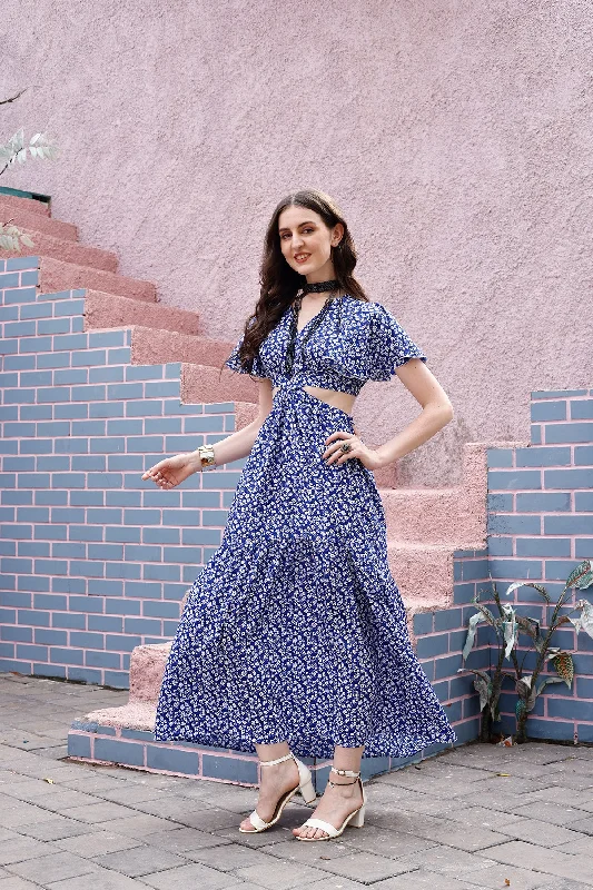 Cowl neck maxi dress-Blue Floral Waist Cut-Out Maxi Dress