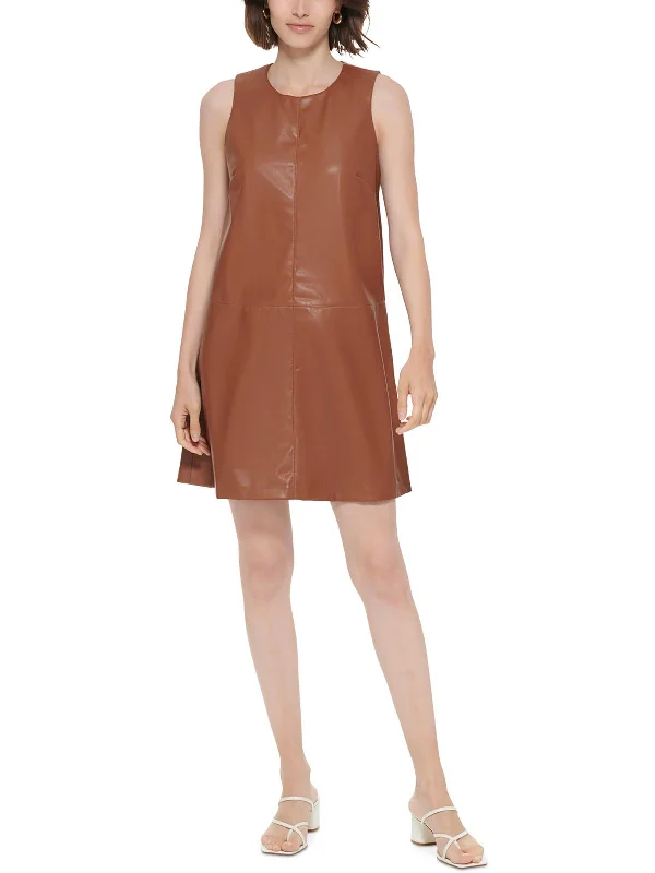 Puffball mini dress-Womens Faux Leather Mini Shift Dress