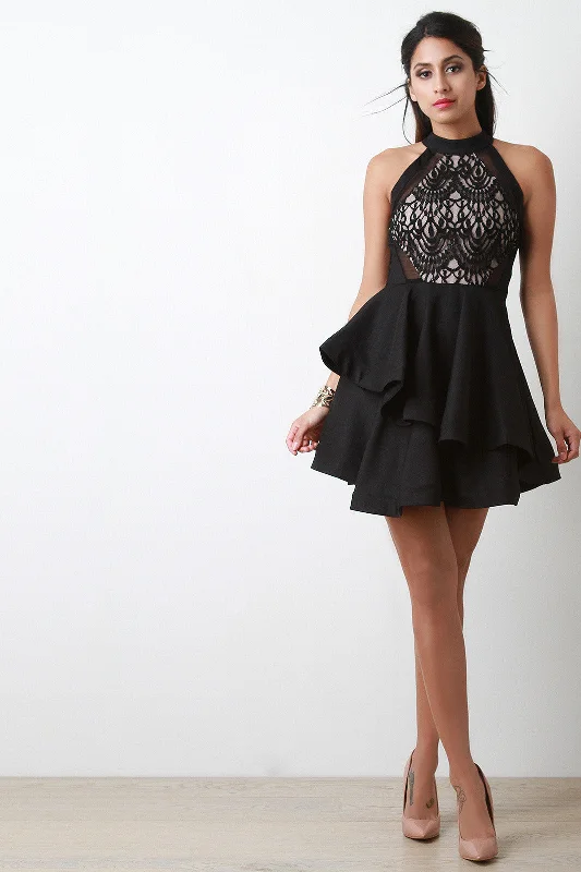 Ruffled mini dress-Semi-Sheer Lace Mock Neck Asymmetrical Ruffled Mini Dress