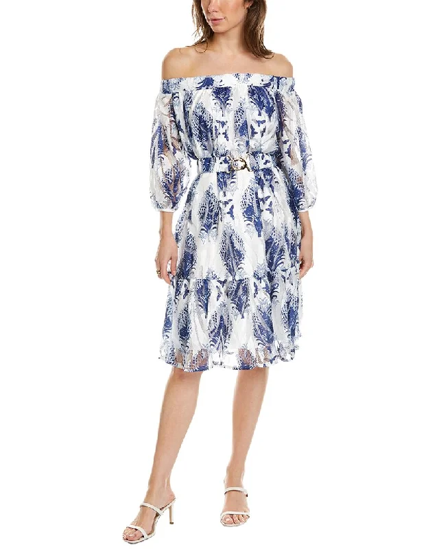 Voluminous sleeve midi dress-Gracia Off-The-Shoulder Midi Tunic Dress