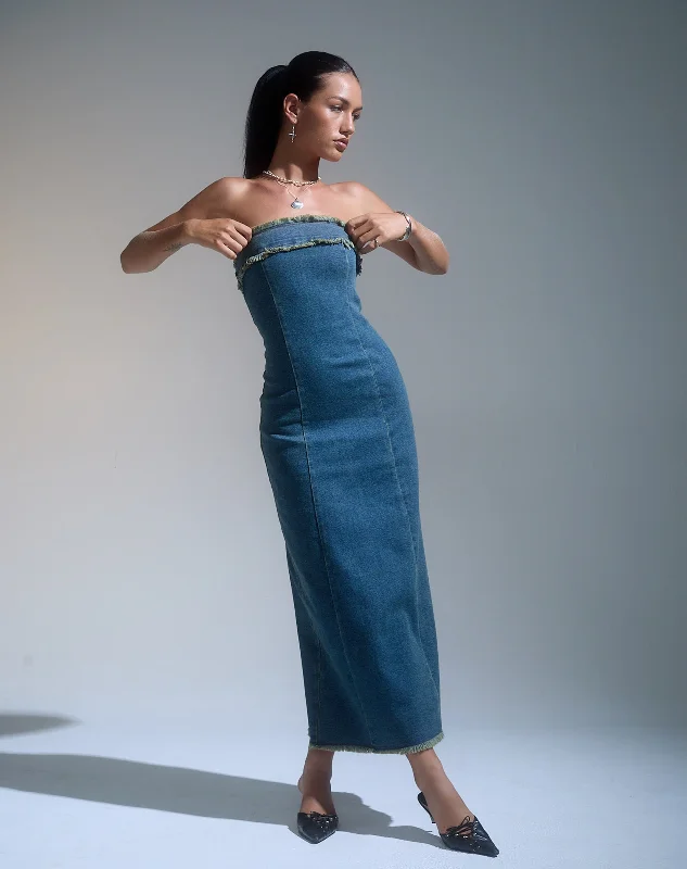 Tulip hem maxi dress-Atun Denim Bandeau Maxi Dress in Brown Blue Acid Wash