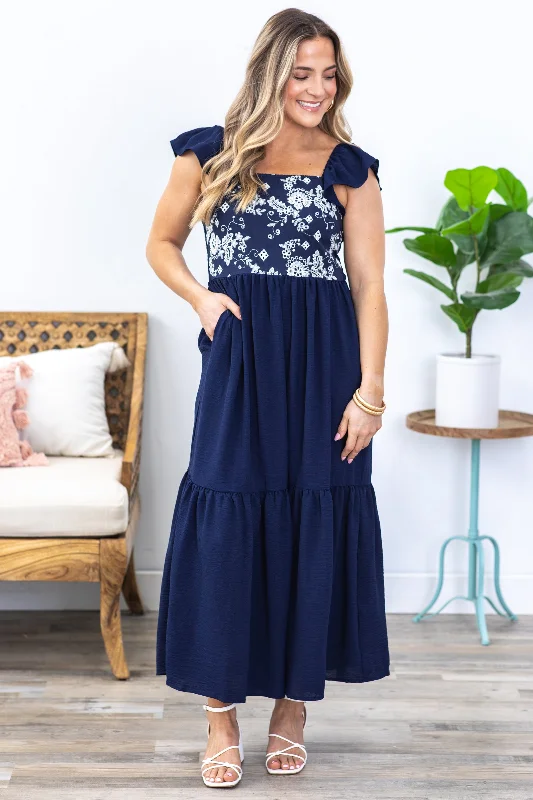 Button front maxi dress-Navy Square Neck Tiered Maxi Dress