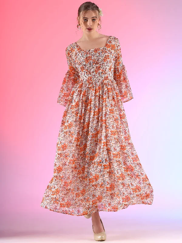 Youthful look maxi dress-Women Floral Printed Flare Sleeve Smoking A-line Maxi Dress