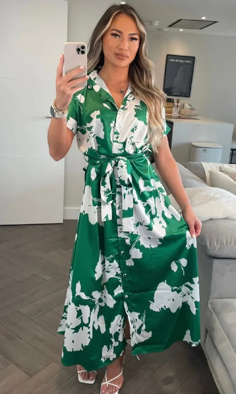 Wild print maxi dress-Green floral belted maxi dress