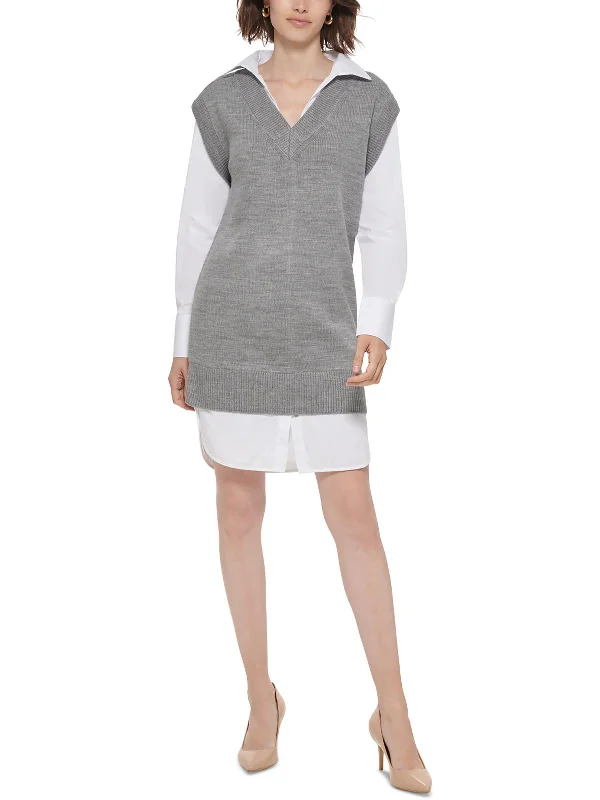 Sporty mini dress-Petites Womens Layered Look Mini Sweaterdress