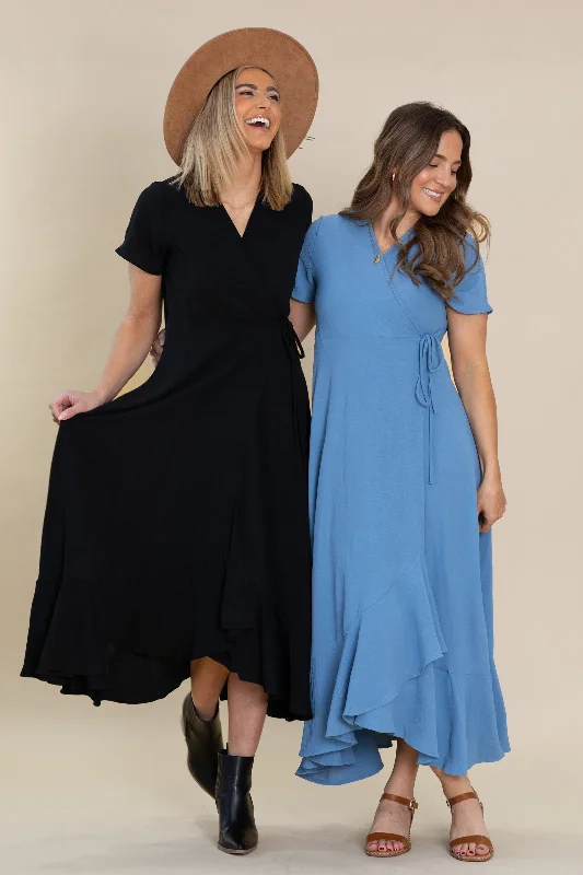 Casual chic maxi dress-Solid Surplice Maxi Dresses With Short Sleeves