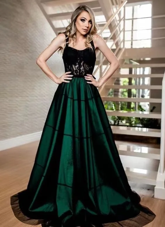 Evening dress with high neckline-Dark Green Prom Dresses with Lace