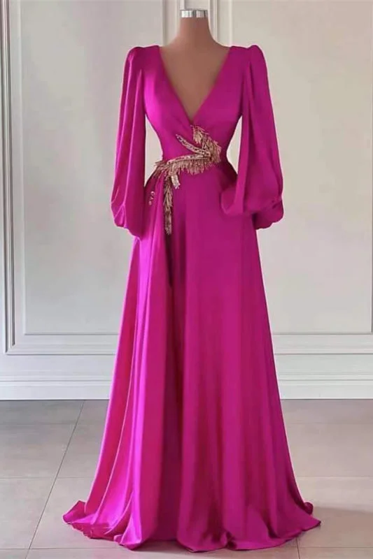 Classic evening dress-Dark V-Neck Prom Dress with Embellishment in Fuchsia Long Sleeves A-Line