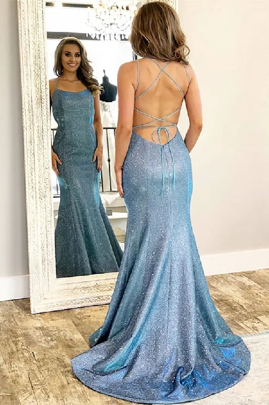 Evening dress for weddings-Long Evening Dress with Mermaid Style and Strings Back