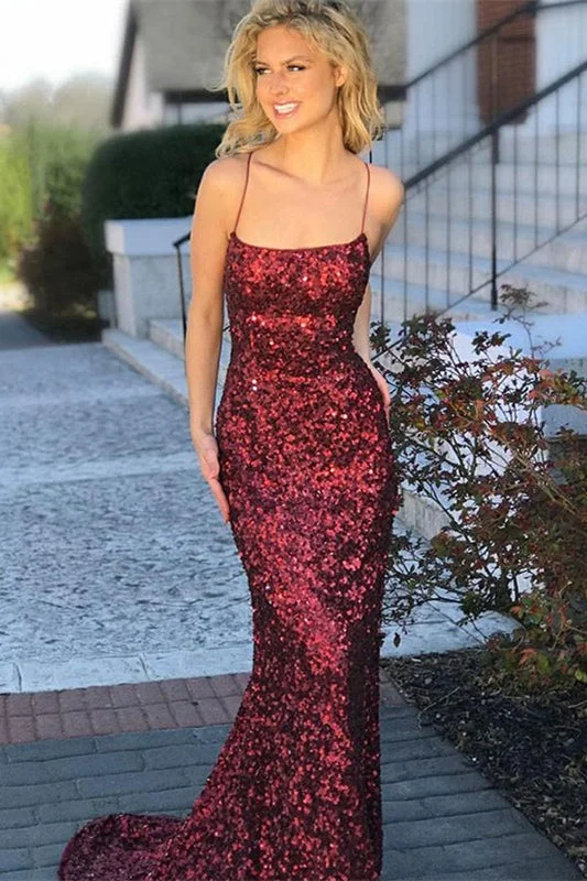 Evening dress for black tie-Mermaid Prom Dress with Burgundy Sequins