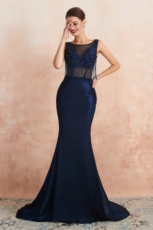 Evening dress for cocktail-Navy Blue Jewel Sleeveless Mermaid Prom Dress Rhinestone Lace With Tassels