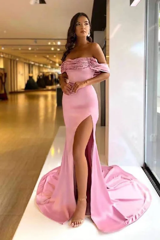 Evening dress with embroidery-Off-The-Shoulder Beads Mermaid Prom Dress Long Split in Pink Purple