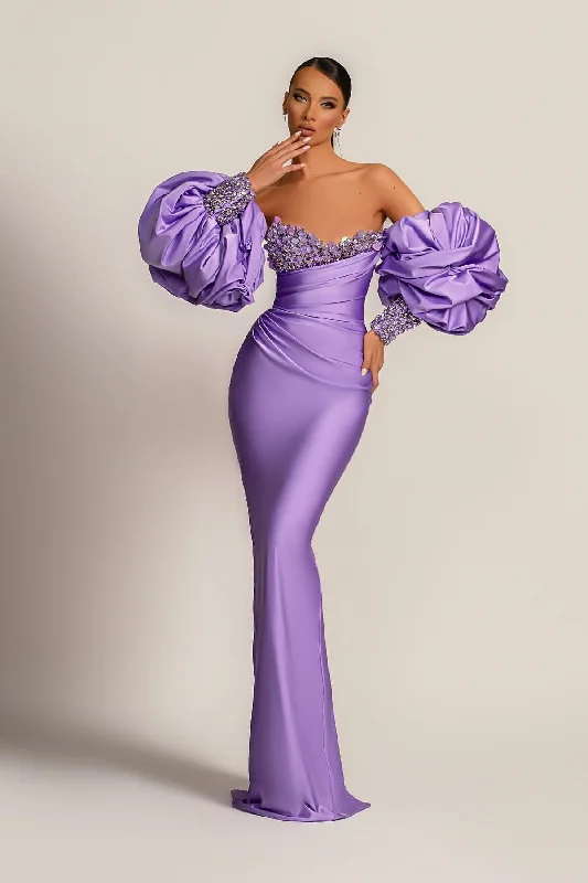 Evening dress with high-low hem-Purple Mermaid Prom Dress with Bubble Sleeves and Long Sleeves