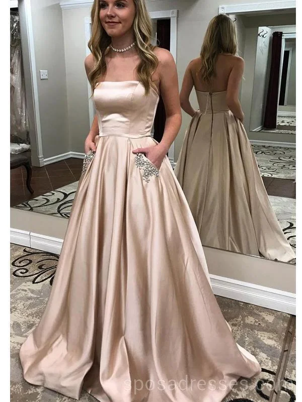 Blue evening dress-Simple Strapless Long Evening Prom Dresses With Pockets, Cheap Custom Party Prom Dresses, 18602