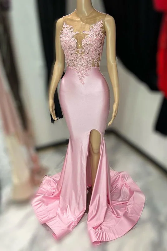 Evening dress with fitted bodice-Sleeveless Pink Tulle Prom Dress with Appliques and Mermaid Slit