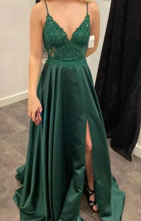 Evening dress with bow-Spaghetti Straps Prom Dresses with Appliques