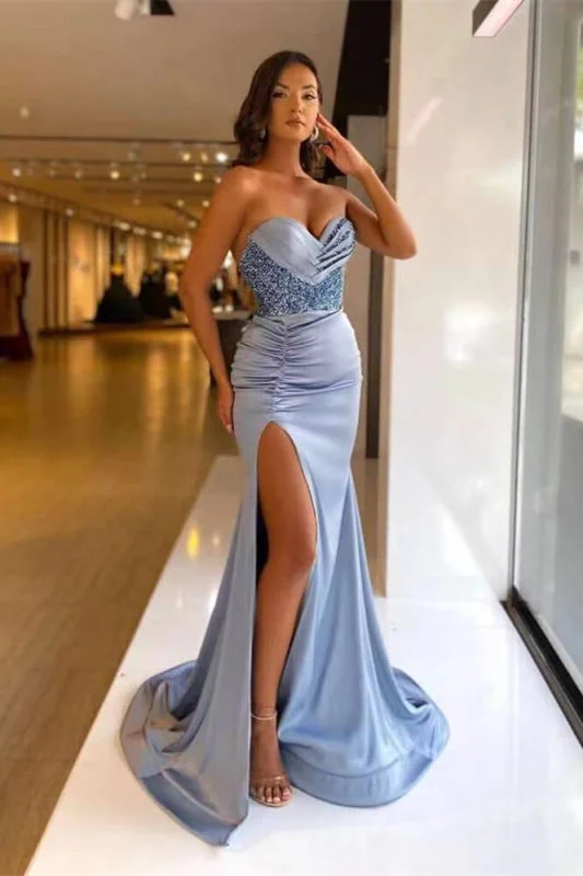 Evening dress with asymmetrical hem-Sweetheart Sequins Mermaid Prom Dress With Split in Light Blue