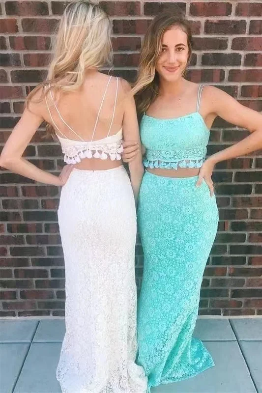 Evening dress with off-shoulder-Two Piece Boho Prom Dresses Spaghetti Straps