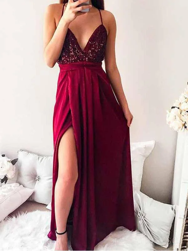 Evening dress with glitter-Sexy Backless Sequin Dark Red Cheap Long Evening Prom Dresses, Cheap Sweet 16 Dresses, 18361