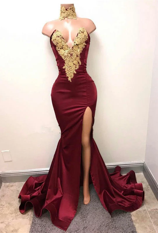 Gold evening dress-V-Neck Mermaid Prom Dress in Burgundy With Split and Lace Appliques