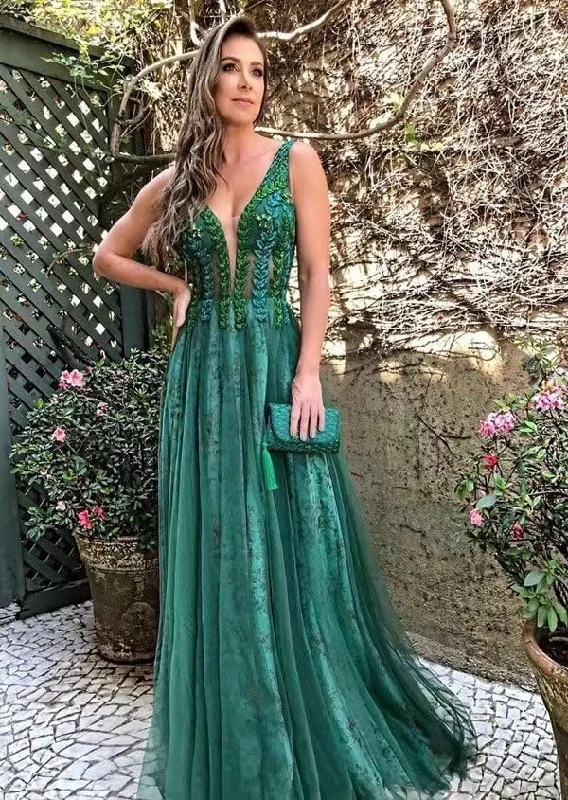 Evening dress with chiffon-V Neck Prom Dresses with Beading Lace