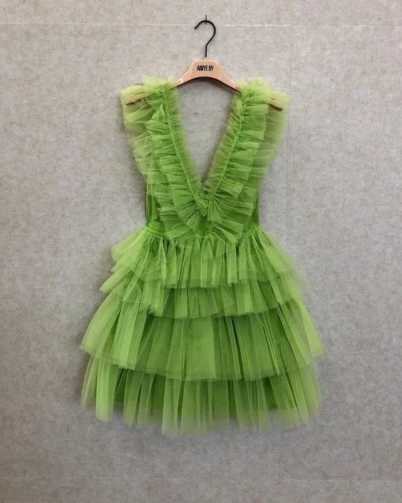 Wedding guest cocktail dress-A Line Green Tiered Homecoming Dress, Tulle Short Prom Party Dress    S1477