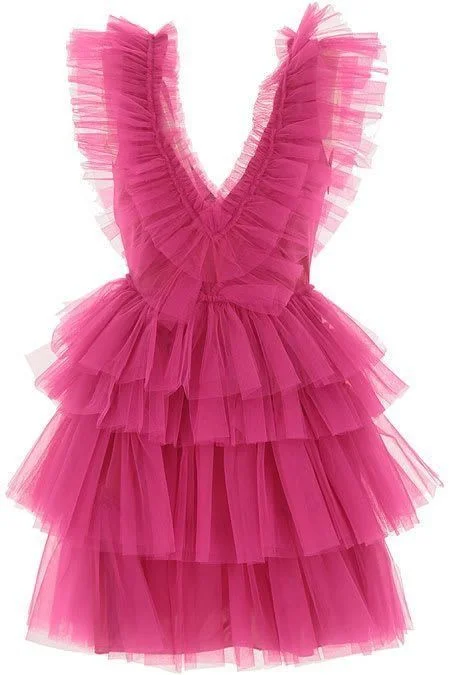 Wrap cocktail dress-A Line Pink V Neck Tiered Homecoming Dress, Tulle Short Prom Party Dress    S1474