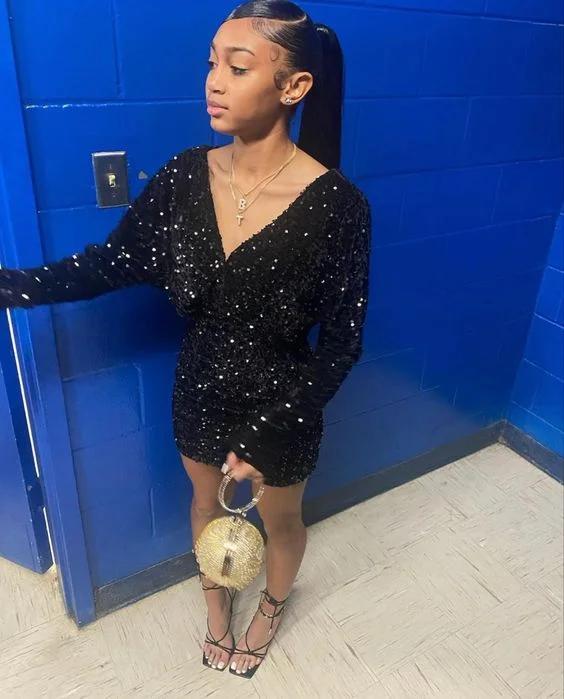 Statement sleeve cocktail dress-Birthday Outfit Dress For Black Girls,Short Homecoming Dresses,Black Sequins Party Dress      S2492