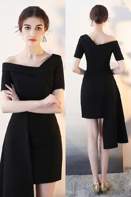 Modern cocktail dress-Black Asymmetrical Formal Short Party Dress with Sleeves     S2905