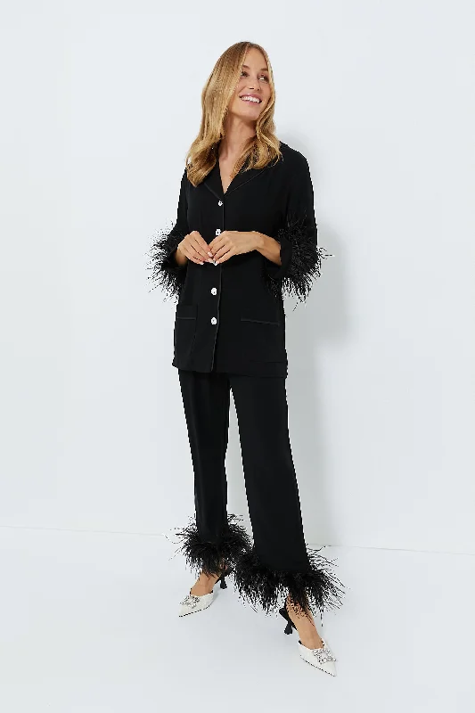 Trumpet silhouette cocktail dress-Black Party Pajama Set with Feathers