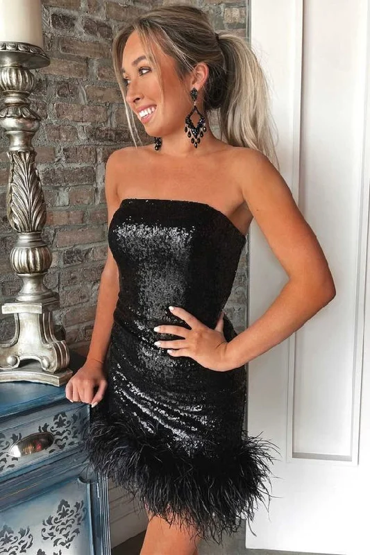 Pink cocktail dress-Black Sequin Strapless Short Party Dress with Feather Semi Formal Dresses     S2871