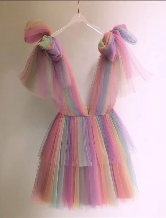 Chiffon cocktail dress-Custom Made Colorful Tulle Short Prom Party Dress       S956