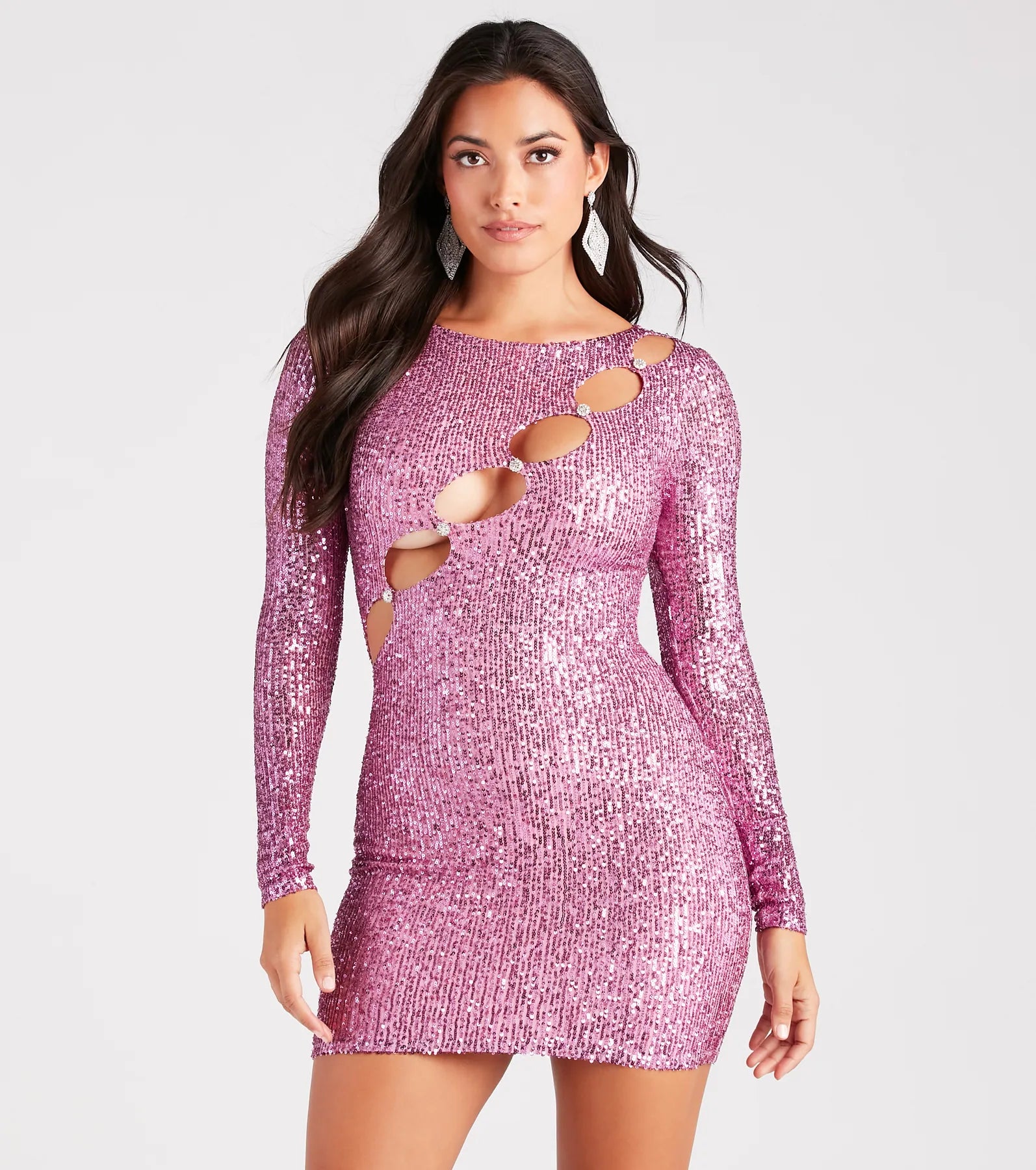 Illusion hem cocktail dress-Cut To Perfection Sequin Rhinestone Button Dress