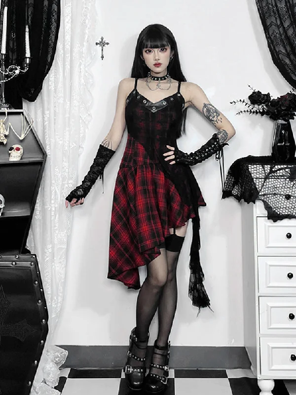 Embroidered cocktail dress-Gothic Irregular Red Plaid Lace Vintage Backless Patchwork Party Club Dress