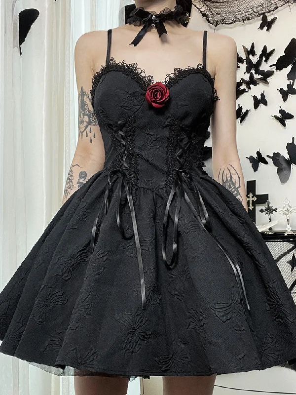 Double strap cocktail dress-Goth Print Rose Lace Up A Fairy Grunge Backless V Neck Summer Party Dress