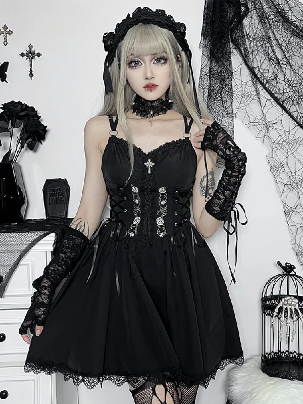 Empire waist cocktail dress-Gothic Sexy Black V Neck Lace Up Grunge Punk High Waist Lace Trim Party Dress