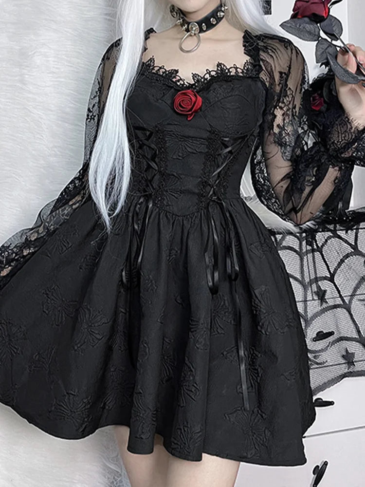 Evening cocktail dress-Grunge Party High Waist Gothic Dark Sexy A-Line Jacquard Sleeve Lolita Vintage Harajuku Dress