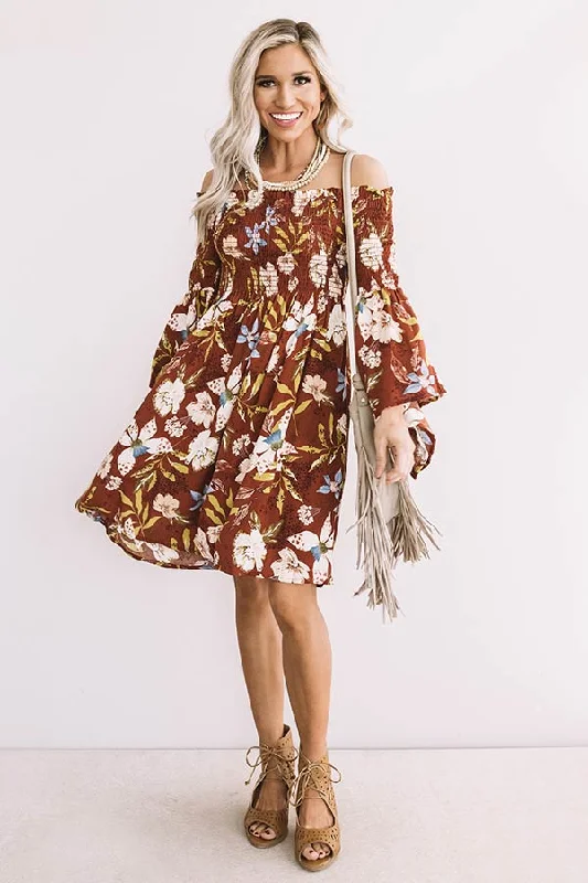 Sequin accent cocktail dress-Garden Party Floral Shift Dress In Rust