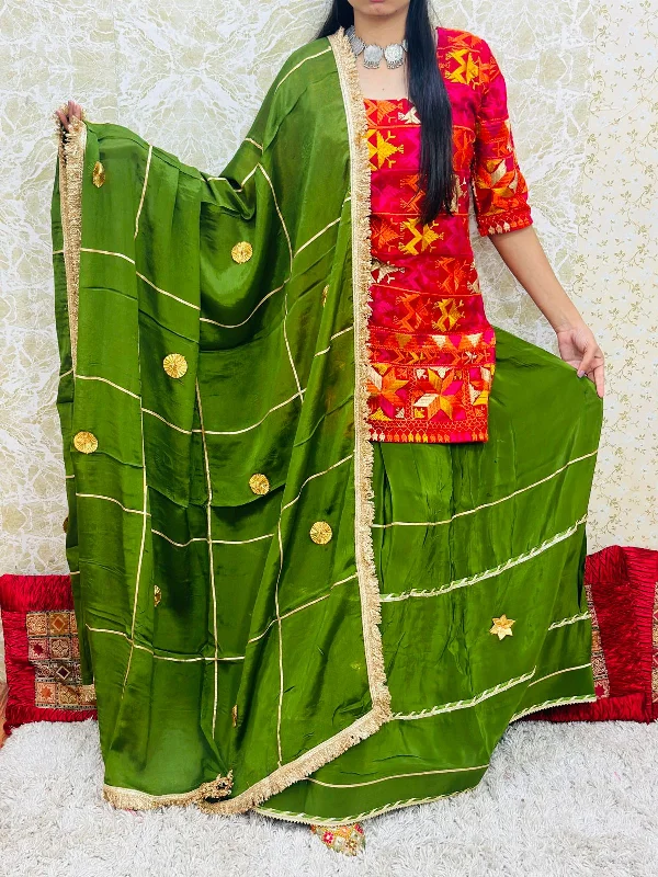 Retro vibe cocktail dress-Green Authentic Phulkari Party Wear Lehenga Set