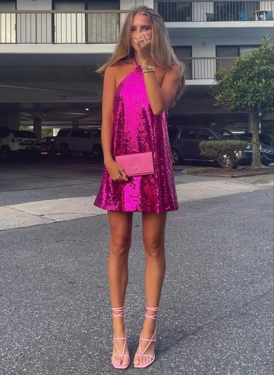 Bow detail cocktail dress-Hot Pink Short Prom Party Dress       S972