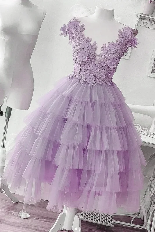 Bow accent cocktail dress-Lavener Layers Tulle with Lace Short Party Dress, Cute Formal Dress      S1036