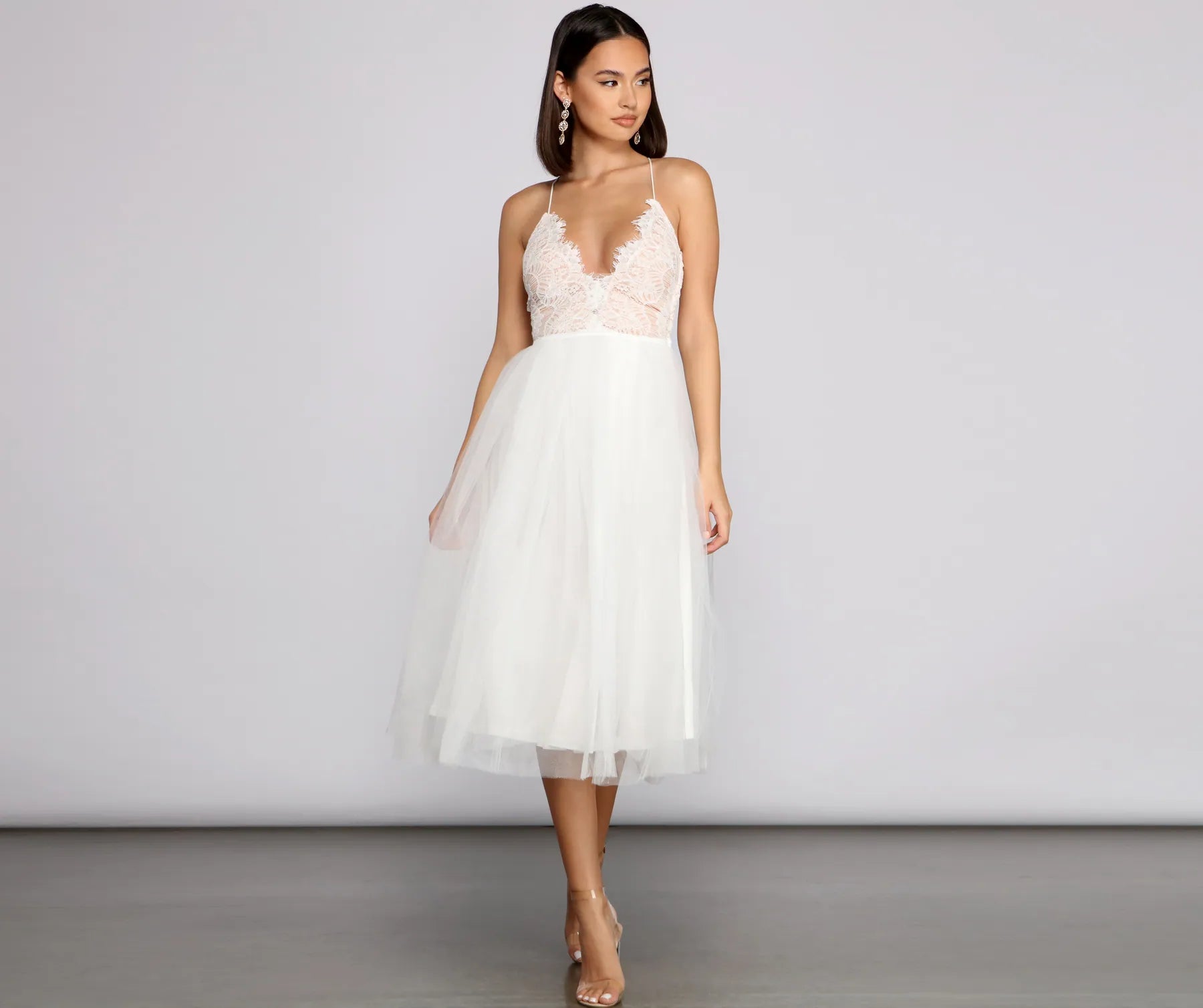 Illusion sleeve cocktail dress-Olivia Eyelash Lace Tulle Party Dress