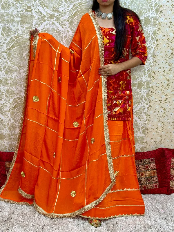 Red cocktail dress-Orange Authentic Phulkari Party Wear Lehenga Set