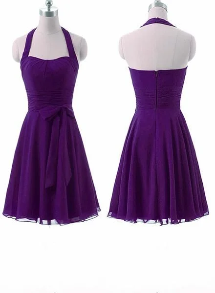 Sheer cocktail dress-Simple Pretty Purple Short Halter Party Dress, Elegant Party Dress      S2697