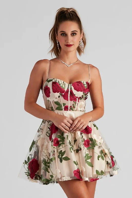 Classic cocktail dress-Darcie Floral Bustier Party Dress